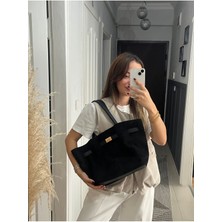 Hill Bag Kadın Süet Siyah Çıt Çıt Kapama Tasarım Suni Deri Kemerli Astarlı El Kol ve Omuz Çantası