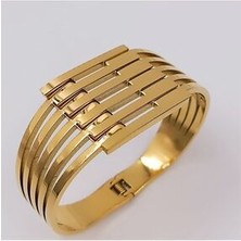 Hena Çelik Gold Kalın Kaburga Kelepçe Zirkon Taşlı 17 cm Altın Renkli Kadınlar İçin Şık Tasarım