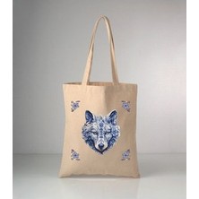 Özel Seri Delft Blue Kurt Baskılı Ham Bez Omuz Çantası