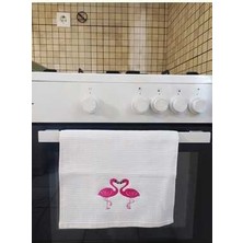 Kalp Şekilli 2li Flamingo Nakışlı Waffle Mutfak Havlusu