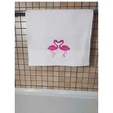 Kalp Şekilli 2li Flamingo Nakışlı Waffle Mutfak Havlusu