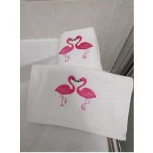 Kalp Şekilli 2li Flamingo Nakışlı Waffle Mutfak Havlusu
