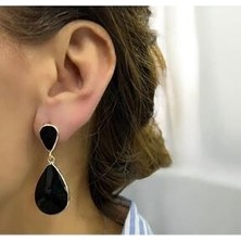Store Siyah Taşlı Çift Katlı Çelik Sallantılı Küpe