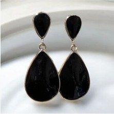 Store Siyah Taşlı Çift Katlı Çelik Sallantılı Küpe