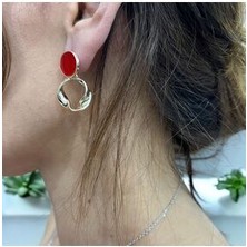Store Kırmızı Taşlı Şık Halka Küpe Kararmaz