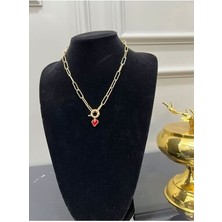 Store Kırmızı Kalp Taşlı Tasarım Ataç Kolye