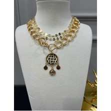 Store Üçlü Set Tasarım Şık Leopar Taşlı Kombin Kolye