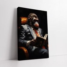 Kitap Okuyan Profesör Goril Dekoratif Kanvas Tablo, Kitap Odası Kütüphane Için Dekor, Modern Tablo