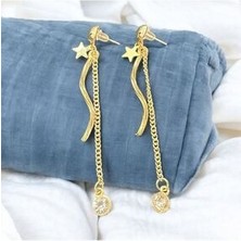 Store Yıldız Desenli Zirkon Taşlı Çelik Sallantılı Uzun Gold Küpe