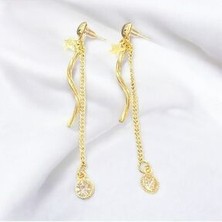 Store Yıldız Desenli Zirkon Taşlı Çelik Sallantılı Uzun Gold Küpe
