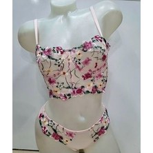 Tül Dantel Çiçekli Nakışlı Büstiyer Bralet Sütyen Takım