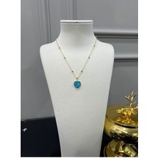 Store Çelik Zincirli Gold Renk Mavi Mineli Kalp Kolye