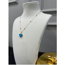 Store Çelik Zincirli Gold Renk Mavi Mineli Kalp Kolye