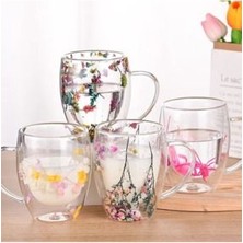 2 Adet Isıya Dayanıklı Borosilikat Çift Çidarlı Flower Çiçekli Bardak 350+350 ml