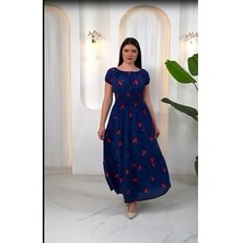 Madonya Yaka Kiraz Desen Gipeli Kısa Kol Sıtandart 38-48 Bedenlere Olur Poplin Kat Elbise