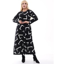 Kadın Büyük Beden Yumuşak Dokulu Siyah Geometrik Desen Elbise
