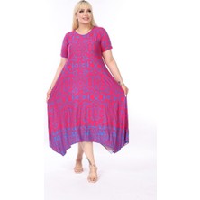 Kadın Büyük Beden Pembe Mor Etek Desenli Asimetrik Elbise