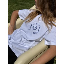 Happy Dodo Live In The Moment  Baskılı Unisex  Pamuk Beyaz T-Shirt