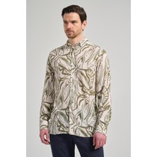 Koyu Haki Uzun Kol Baskılı Düğmeli Yaka Cepsiz Casual Slim Fit Gömlek 1004250138