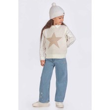 Miniğimin Cicileri Yıldız Taş Detaylı Triko Kot Pantolonlu Kız Çocuk 3 lü takım - Krem