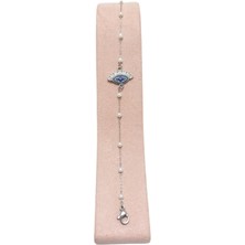 Çelik Bileklik Incili Zincirli Nazar Boncuklu Zirkon Taşlı 1 mm 18 cm Gümüş (Silver)