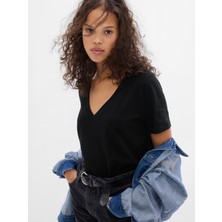 Gap Kadın TRUE BLACK V2 2 Organik Pamuk Vintage V Yaka T-Shirt