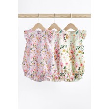 Next Baby % 100 Pamuklu Leylak Moru Çiçek Desenli 3’lü Romper Set