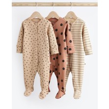 Next Baby % 100 Pamuklu Kahverengi Puantiye Desenli 3’lü Tulum Set