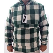 Yeşil Kanguru Cepli ve Kapüşonlu Kareli Oduncu Gömlek