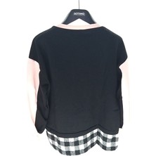 Settimo-Lsk Pudra Bisiklet Yaka Etiket Baskılı Ekose Sweatshirt Oversize