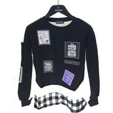 Settimo-Lsk Siyah Bisiklet Yaka Etiket Baskılı Ekose Sweatshirt Oversize