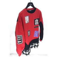 Settimo-Lsk Kırmızı Bisiklet Yaka Etiket Baskılı Ekose Sweatshirt Oversize