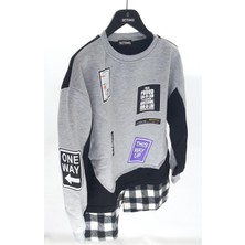 Settimo-Lsk Gri Bisiklet Yaka Etiket Baskılı Ekose Sweatshirt Oversize