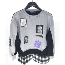 Settimo-Lsk Gri Bisiklet Yaka Etiket Baskılı Ekose Sweatshirt Oversize