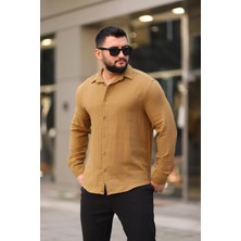 Thmany Erkek Keten Müslin % Pamuk Düğmeli Gömlek Yaka