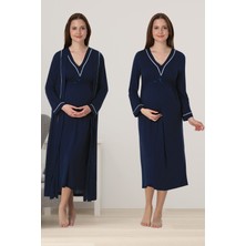 Effortt Lacivert Sabahlıklı Hamile Lohusa Gecelik Takım