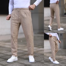 Thmany Erkek Keten Müslin Beli Lastikli Pileli Havuç Pantolon