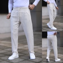 Erkek Keten Müslin Beli Lastikli Pileli Havuç Pantolon