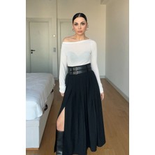 Seda Yalçın Atelier Siyah Midi Boy Kemerli Piliseli Etek