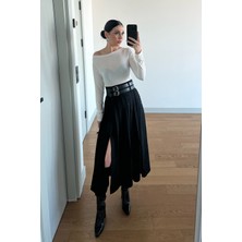 Seda Yalçın Atelier Siyah Midi Boy Kemerli Piliseli Etek
