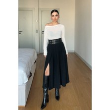 Seda Yalçın Atelier Siyah Midi Boy Kemerli Piliseli Etek