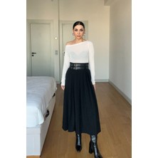 Seda Yalçın Atelier Siyah Midi Boy Kemerli Piliseli Etek