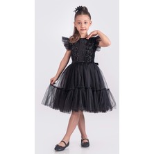 Mnk Baby & Kids Siyah Pul Payet Katkat Tütü Etekli Kız Çocuk Elbise Özel Günler İçin Şık