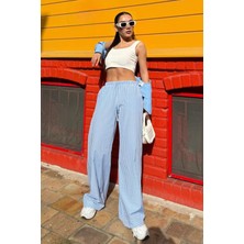 Mavi Beli Ayarlanabilir Ekoseli Bol Paça Kadın Pantolon MG2335