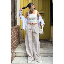 Bej Beli Ayarlanabilir Ekoseli Bol Paça Kadın Pantolon MG2335