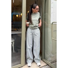 Açık Yeşil Beli Ayarlanabilir Ekoseli Bol Paça Kadın Pantolon MG2335