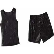 Miço Kids Siyah Pul Payet Şort Atlet Kız Çocuk Abiye Takım