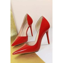 Trendy Anka Kadın Kırmızı Rugan 8cm Ince Şeffaf Kapak Topuklu Stiletto Ayakkabı