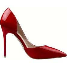 Trendy Anka Kadın Kırmızı Rugan 8cm Ince Şeffaf Kapak Topuklu Stiletto Ayakkabı