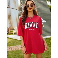 Woodroffe Hawaıı Baskılı Kadın / Kız Oversize Kırmızı Salas T-Shirt Boyfriend